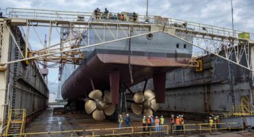210610-N-SY758-1001 NORFOLK, Va. (June 10, 2021) Dry dock flooding begins for the Ticonderoga-class guided missile cruiser USS Vicksburg (CG 69) departure from BAE Systems Ship Repair dry dock pier. Vicksburg is currently undergoing scheduled maintenance readiness at BAE Systems Repair. (U.S. Navy photo by Mass Communication Specialist 3rd Class Brandon Roberson)